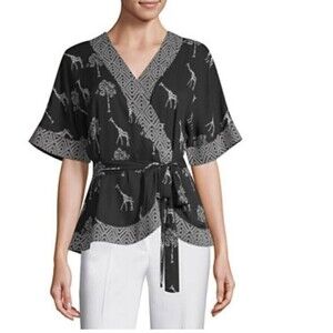 Worthington Women's Blouse Top Black X-Large Giraffe Print Mix V-Neck Novelty